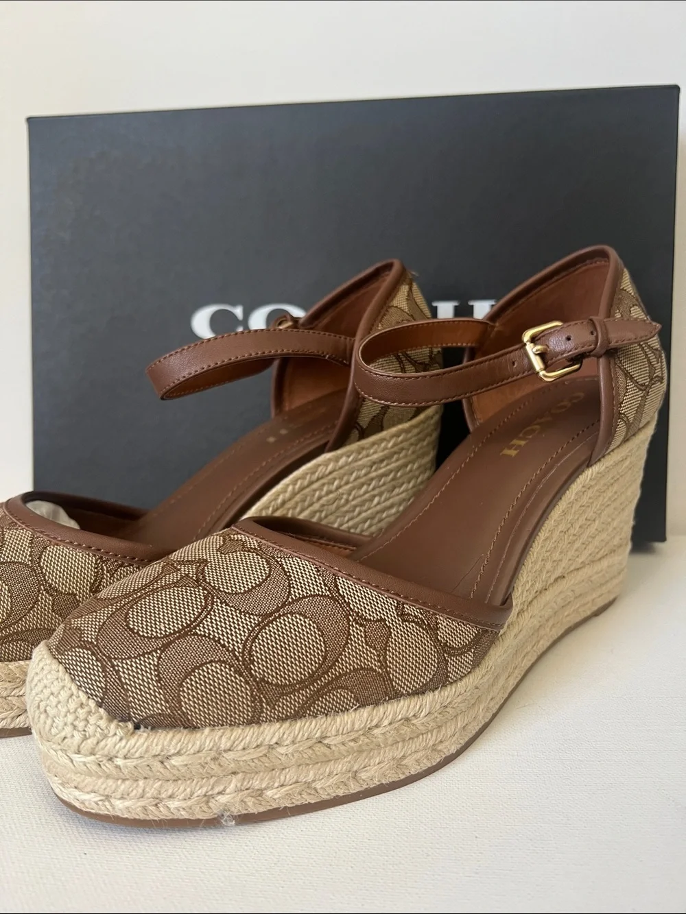 NWT Coach Tan Signature Canvas Espadrille Wedge Sandals